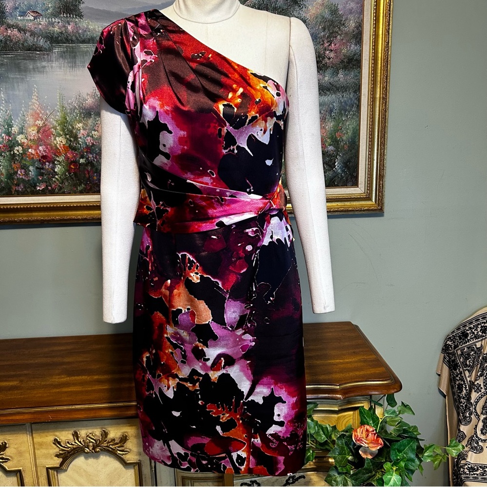 Tahari One Shoulder Black Purple Pink Lilac Danika One Shoulder Floral Dress - Picture 10 of 15
